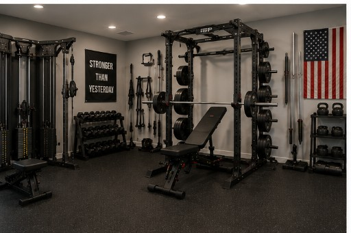 Complete home gym with power rack, cable machine, and full dumbbell rack